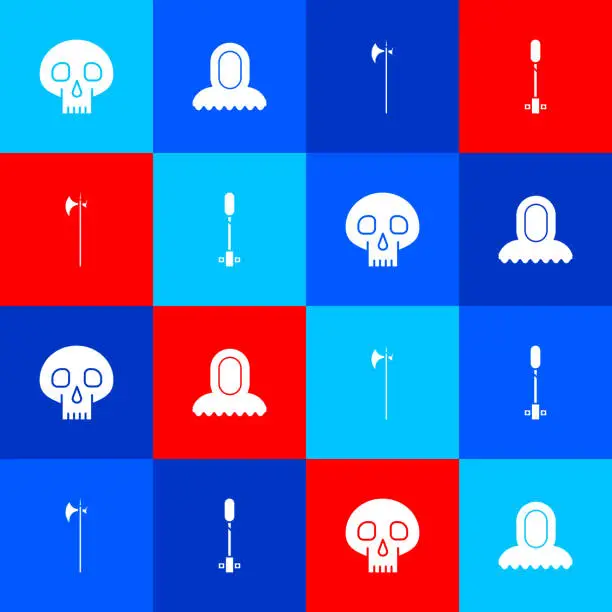 Vector illustration of Set Skull, Medieval hood, halberd and Torch flame icon. Vector