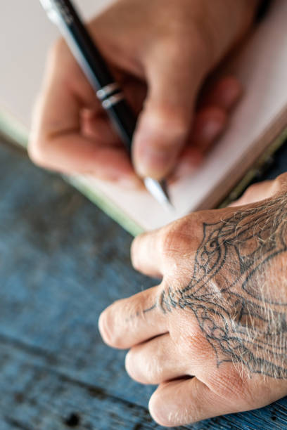 istock Womans tattoo hands writing in journal close-up 1269714070