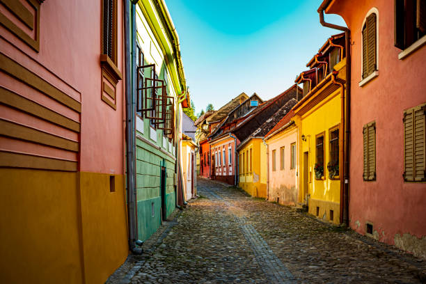 On the medieval, narrow streets of Sighisoara. Photo taken on 22nd of August 2020 in Sighisoara, Romania.