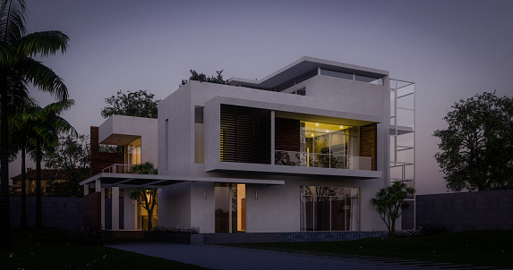 Digitally generated modern suburbian family house/villa at dusk/dawn with nine interiors (living room, dining room, kitchen, pantry, anteroom, office, terrace, bedroom, wardrobe and bathroom).\n\nThe scene was rendered with photorealistic shaders and lighting in Autodesk® 3ds Max 2020 with V-Ray 5 with some post-production added.
