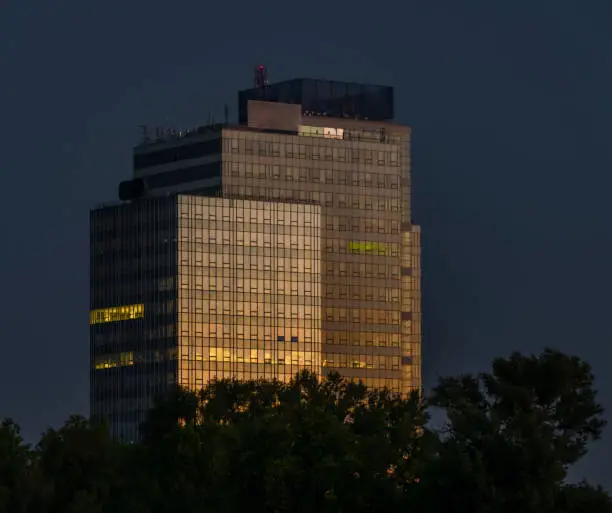 Photo of Bratislava capital in summer evening with color sunset and river Donau