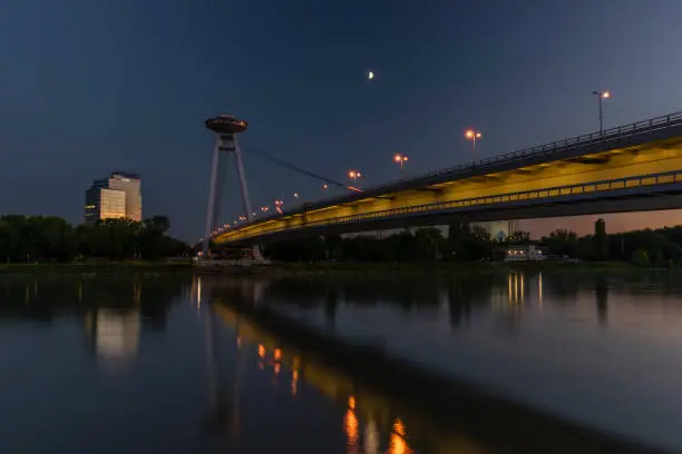 Photo of Bratislava capital in summer evening with color sunset and river Donau