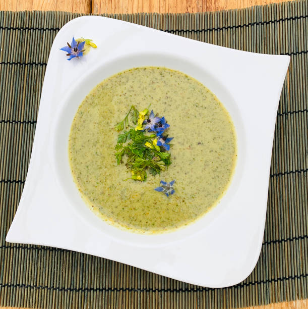 Free Stock Photo of Colorful green soup with floral garnish | Download ...
