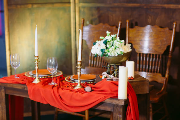 istock Terracotta color dinner table set. Romantic dinner for two person. 1269718759