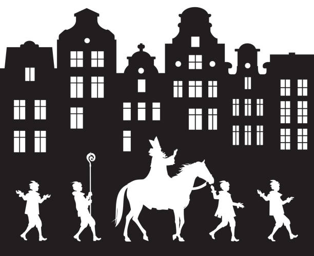 Sinterklaas Parade procession in the Old City Sinterklaas Parade procession in the Old City, Dutch Santa Claus Heilige Nikolaus on his horse and his helpers, Saint Nicholas Arrival Festival in Netherlands, Belgium, Germany, Luxembourg clergy stock illustrations