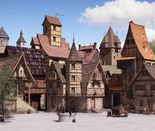 European medieval or fantasy town square architecture on a sunny day, 3d render.