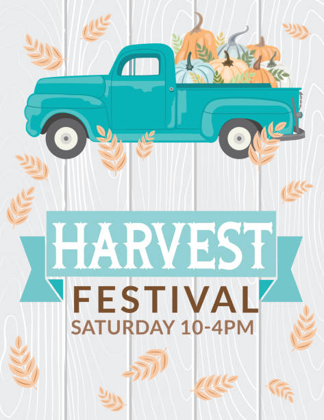 ilustrações, clipart, desenhos animados e ícones de caminhão antigo com abóboras e placa de festival de colheita - farm pumpkin autumn farmer