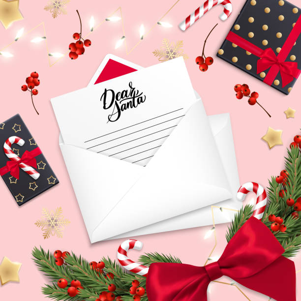 illustrazioni stock, clip art, cartoni animati e icone di tendenza di caro babbo natale. carta intestata a babbo natale. ordina un regalo per natale - greeting card christmas envelope mail