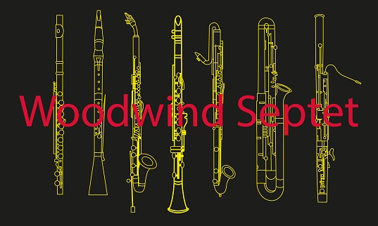 Yellow outline illustration of oboe, clarinet, saxophone, various sax musical instruments, flute and bassoon  on black background