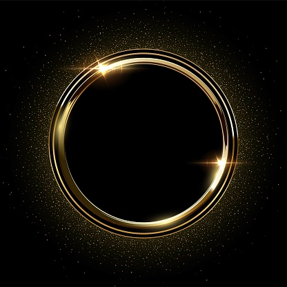 Golden round metal circle rings with sparkles background. Shining abstract frame. Yellow shiny circular lines. Modern futuristic graphic vector illustration. Flares glowing effect.