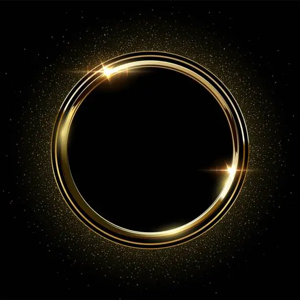 Vector illustration of Golden round metal circle rings with sparkles background. Shining abstract frame. Yellow shiny circular lines. Modern futuristic graphic vector illustration. Flares glowing effect