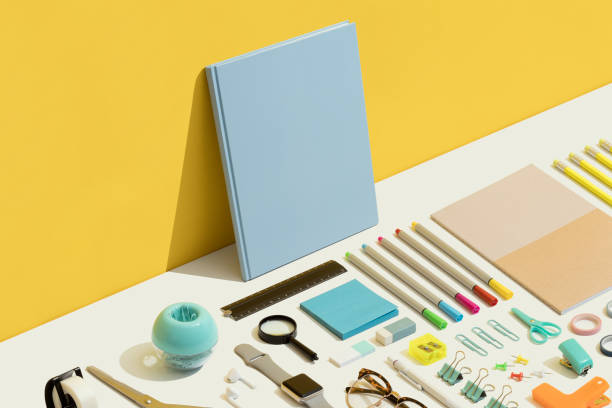 istock Stationary flat lay on yellow and white background 1269727333