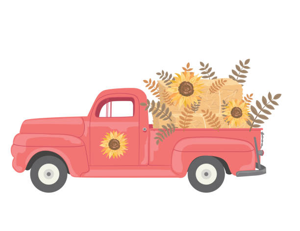 ilustrações, clipart, desenhos animados e ícones de caminhão vintage cheio de abóboras - farm pumpkin autumn farmer