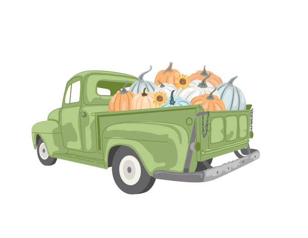 illustrations, cliparts, dessins animés et icônes de camion vintage rempli de citrouilles - farm pumpkin autumn farmer