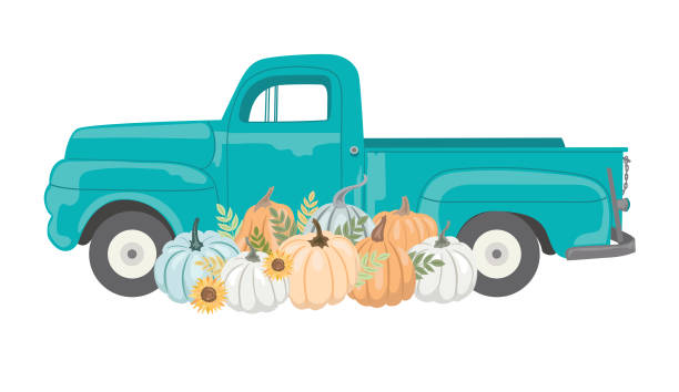 illustrations, cliparts, dessins animés et icônes de camion vintage rempli d’affichage de citrouille - farm pumpkin autumn farmer