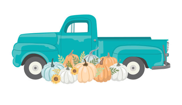 호박 디스플레이로 가득 찬 빈티지 트럭 - farm pumpkin autumn farmer stock illustrations