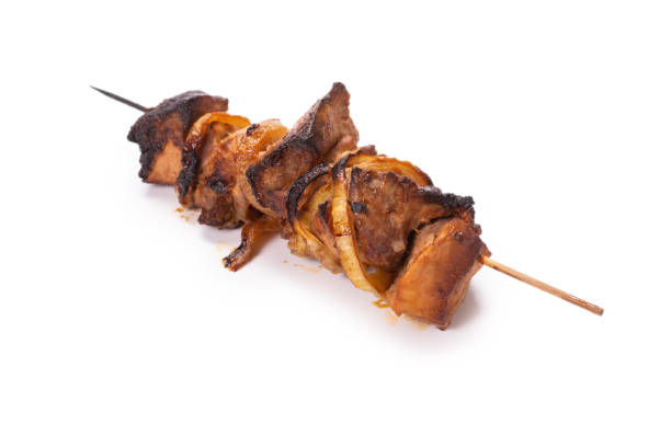 istock Grilled pork skewer isolated on white background. 1269728595