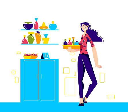 Perfume store seller holding tray with new aroma. Girl selling new fragrances in beauty and cosmetics shop. Fashion and elegance concept. Vector illustration