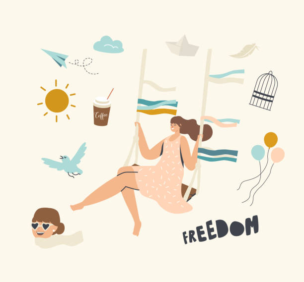 ilustraciones, imágenes clip art, dibujos animados e iconos de stock de mujer feliz balanceándose en seesaw sintiendo alegría y felicidad por la libertad. personaje femenino saliendo de casa después de covid 19 - opportunity door new cloud