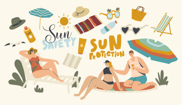 illustrazioni stock, clip art, cartoni animati e icone di tendenza di le persone usano il concetto di protezione solare. personaggi maschili e femminili sulla spiaggia mettono crema solare sulla pelle. vacanze estive - sun tanning