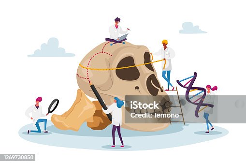istock Anthropology Studying. Tiny Characters Measuring Huge Human Skull with Bones and Dna Spiral. Paleolithic Research 1269730850