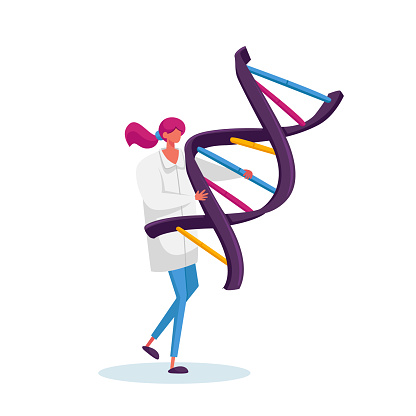 Tiny Female Character Carry Huge Human Dna Spiral Model. Doctor Conduct Laboratory Genetics Research Medicine Testing Technology, Genetic Working on Medicine Investigation. Cartoon Vector Illustration
