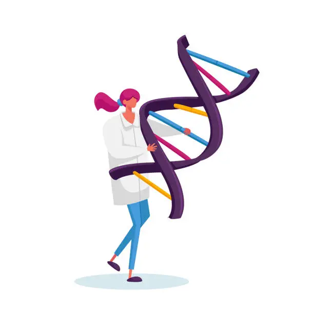 Vector illustration of Tiny Female Character Carry Huge Human Dna Spiral Model. Doctor Conduct Laboratory Genetics Research Medicine Testing
