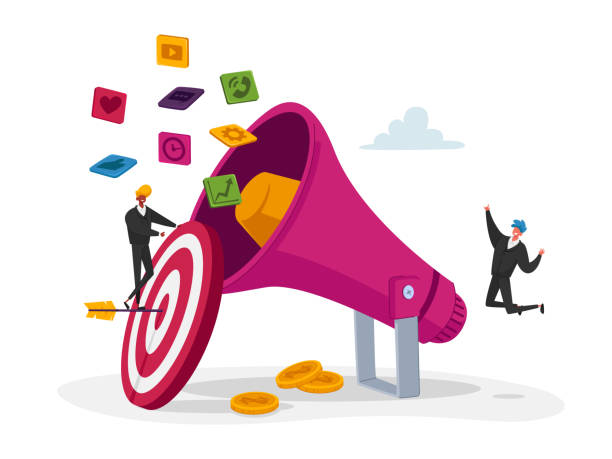 illustrations, cliparts, dessins animés et icônes de marketing numérique, relations publiques et affaires, communication. pr agency tiny characters team work with huge megaphone - branding