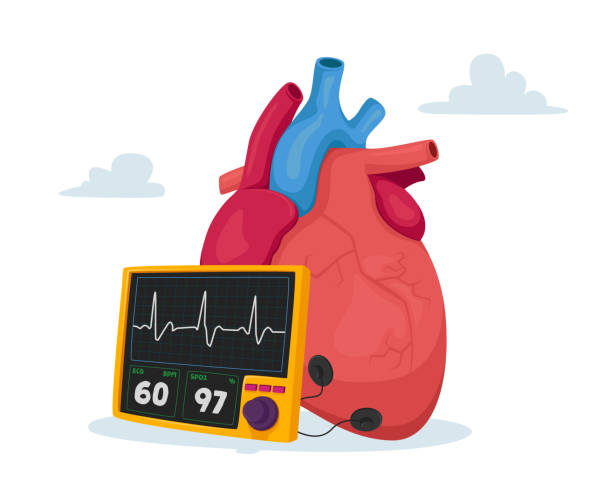 높은 콜레스테롤 혈압과 죽상 경화증. 디지털 패널이 있는 인간의 심장은 펄스를 보여줍니다. 심장의학 - heart stock illustrations