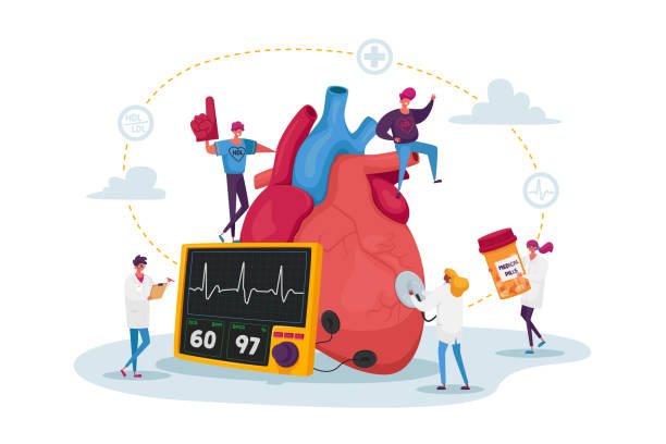 거대한 인간 심장 측정 펄스와 진단을 위한 콜레스테롤 수준에 약물과 장비를 가진 작은 닥터 문자 - doctor medicine healthcare and medicine horizontal stock illustrations