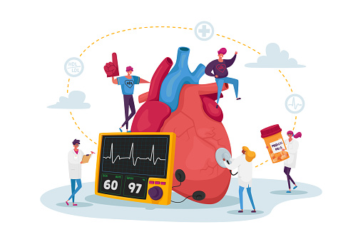 Tiny Doctor Characters with Drugs and Equipment at Huge Human Heart Measure Pulse and Cholesterol Level for Diagnose and Treatment. Cardiology Health Care, Medicine. Cartoon People Vector Illustration