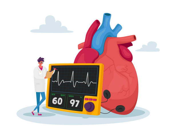 tiny doctor charakter stand w huge human heart measure pulse i kontroli poziomu cholesterolu z urządzeniem do diagnozowania - male doctor stock illustrations