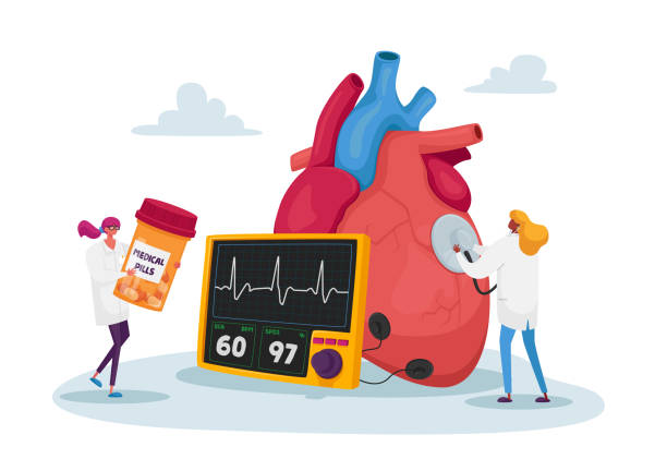 ilustraciones, imágenes clip art, dibujos animados e iconos de stock de personajes de doctores diminutos en el enorme pulso de medida de corazón humano con estetoscopio y nivel de colesterol para diagnóstico, tratamiento - heart health