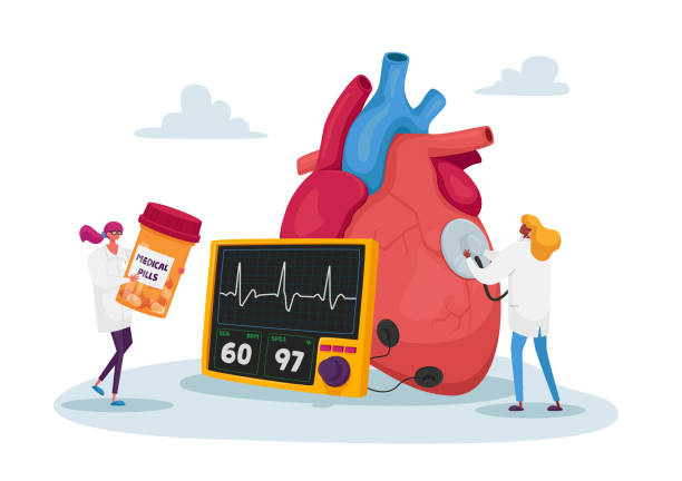 ilustrações de stock, clip art, desenhos animados e ícones de tiny doctor characters at huge human heart measure pulse with stethoscope and cholesterol level for diagnose, treatment - scientific imaging technique illustrations