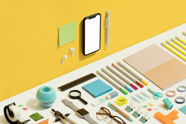 istock Stationary flat lay on yellow and white background 1269730877