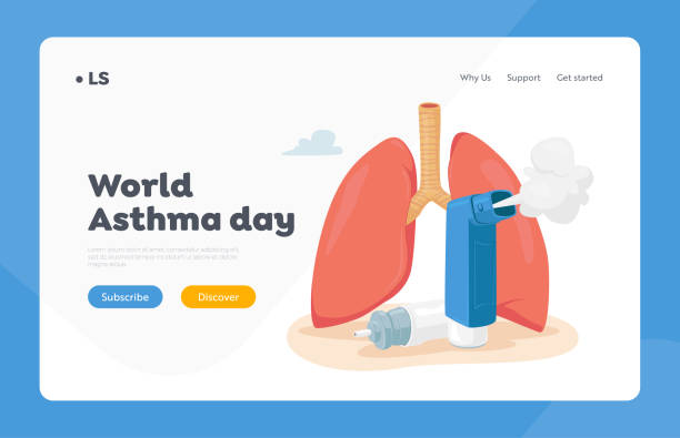 Asthma Disease Landing Page Template. Human Lungs and Inhaler. Chronic Sickness, Respiratory System Disease Treatment Asthma Disease Landing Page Template. Human Lungs and Inhaler. Chronic Sickness, Respiratory System Disease, Medical Equipment, Remedy for Treatment. Pulmonology Medicine. Cartoon Vector Illustration asma stock illustrations