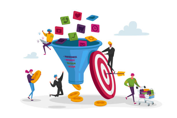 illustrazioni stock, clip art, cartoni animati e icone di tendenza di marketing a imbuto. i piccoli personaggi mettono soldi in un enorme imbuto di vendita. strategia per le generazioni lead del marketing digitale - purchase funnel