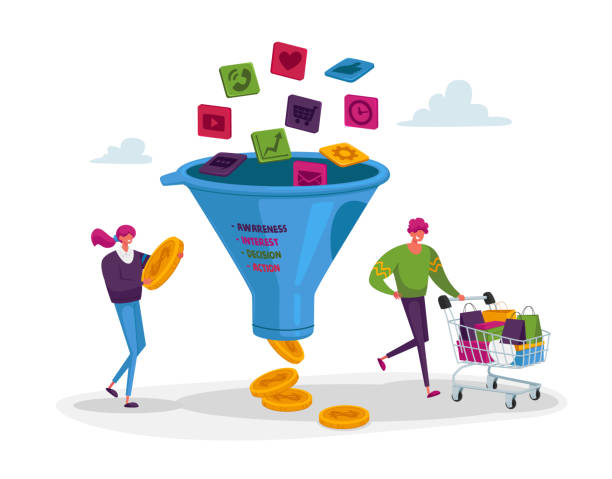 illustrations, cliparts, dessins animés et icônes de optimisation des taux de conversion. personnages minuscules avec chariot de magasinage et argent à l’entonnoir de vente énorme. marketing numérique - purchase funnel