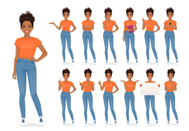 Woman in casual style clothes set Young african woman in casual style clothes set different gestures isolated vector iilustration group of objects stock illustrations