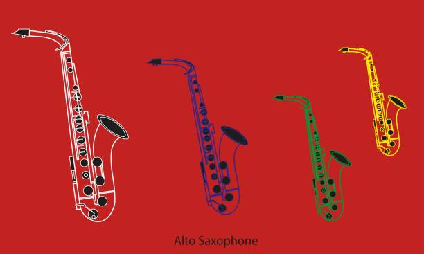 様々な輪郭やサイズのイラストで楽器アルトサキソフォンの混合色の線形やアウトライン形態 - trumpet musical instrument jazz brass instrument点のイラスト素材／クリップアート素材／マンガ素材／アイコン素材