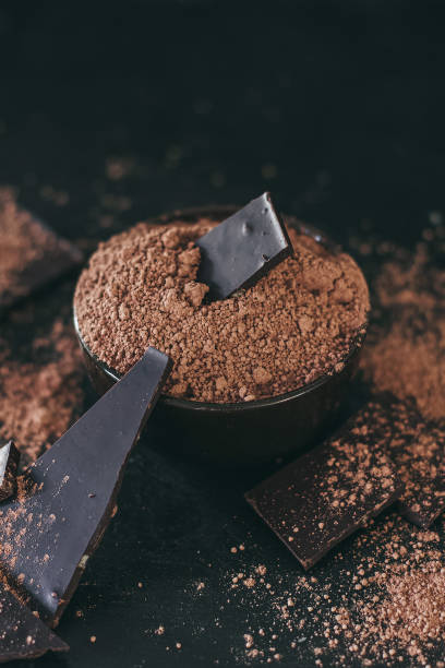 istock Chocolate bar pieces with cocoa powder on dark background, cope space 1269733435
