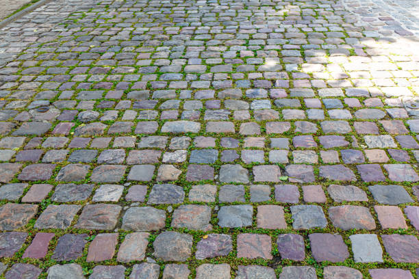 The texture of paving slabs made of natural gray stone and green moss.