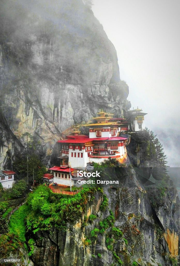 Tiger's Nest Monastery The beautiful Tiger's Nest  or Taktsang Monastery in Bhutan is built right on the edge of the mountain. Bhutan Stock Photo