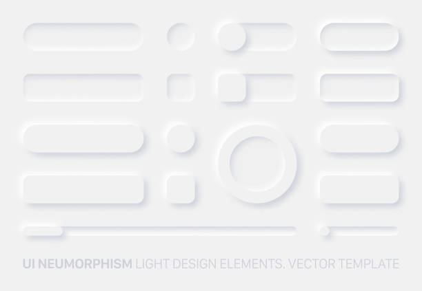 Neumorphic App Light UI Design Elements Set Vector Neumorphic Vector UI Design Elements Set Light Version On White Background. UI Components Buttons, Bars, Switchers, Sliders In Simple Elegant Trendy Neomorphic Style For Apps, Websites, Interfaces push button stock illustrations