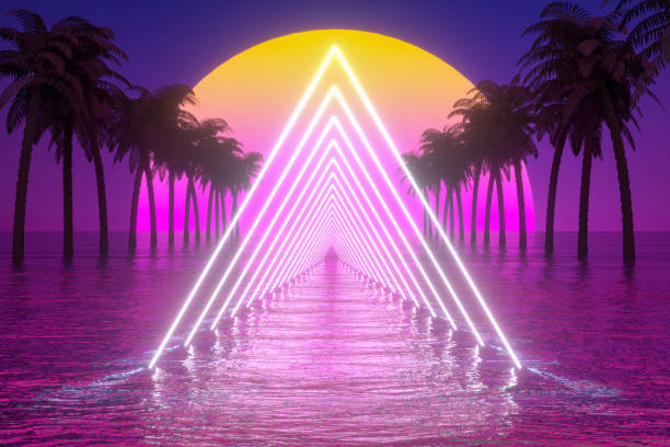 istock 80s Retro Sci-Fi Futuristic Abstract Background with Glowing Frame, Palm Tree and Sea 1269740135