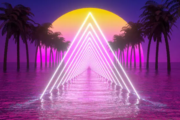 Photo of 80s Retro Sci-Fi Futuristic Abstract Background with Glowing Frame, Palm Tree and Sea