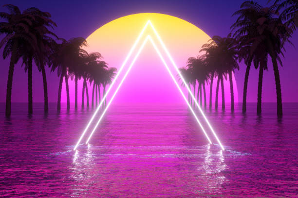 istock 80s Retro Sci-Fi Futuristic Abstract Background with Glowing Frame, Palm Tree and Sea 1269740261