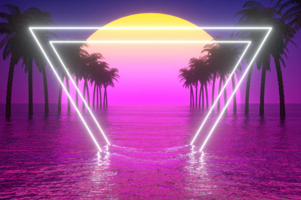 istock 80s Retro Sci-Fi Futuristic Abstract Background with Glowing Frame, Palm Tree and Sea 1269740330