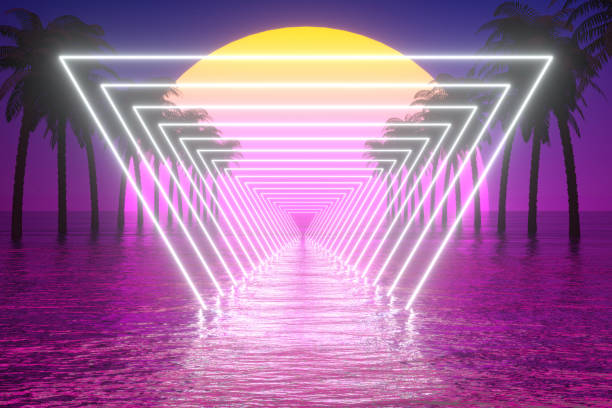 istock 80s Retro Sci-Fi Futuristic Abstract Background with Glowing Frame, Palm Tree and Sea 1269740404