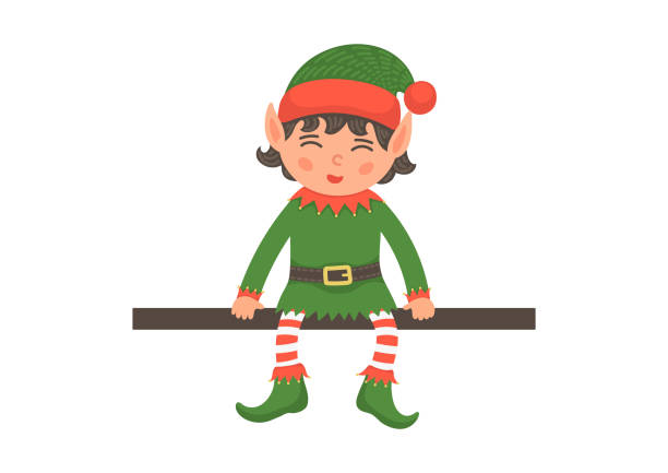 ilustraciones, imágenes clip art, dibujos animados e iconos de stock de elfo de navidad sentado en el estante - elfo